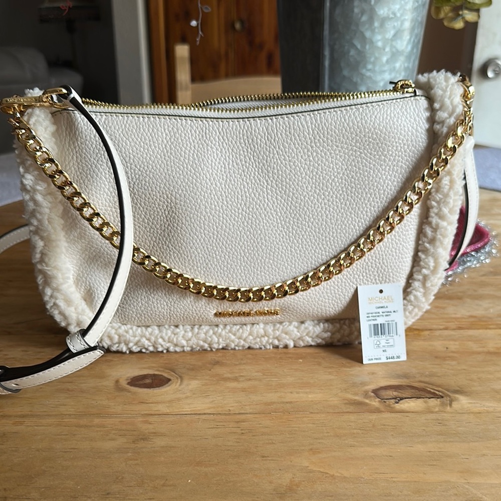Michael Kors Carmela  Cream Shoulder Bag with Gold Chain